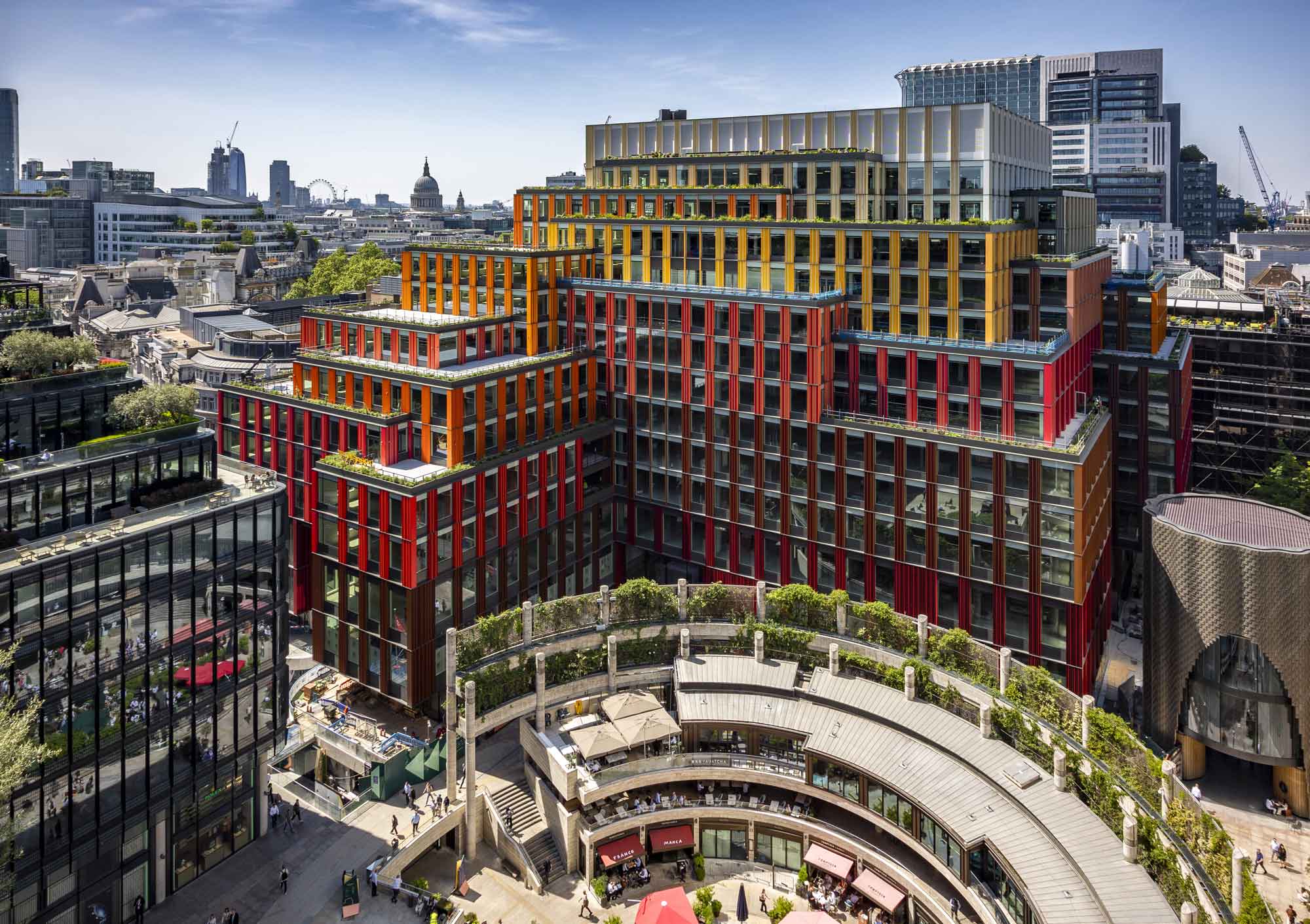 1 Broadgate nearing completion, aerial view above outdoor shops