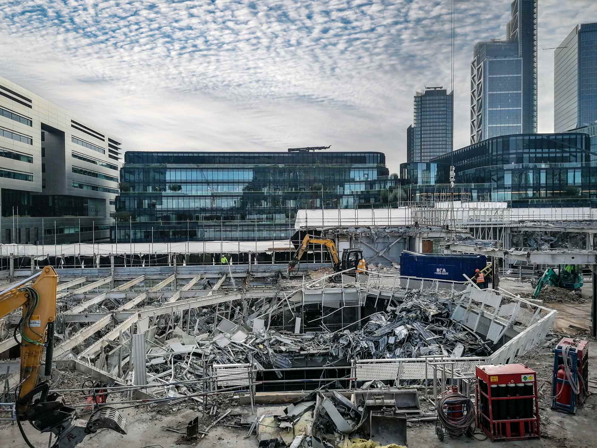 On site image of Demloision of original structure – Steel recovered and reused on another Tyréns AKT Project