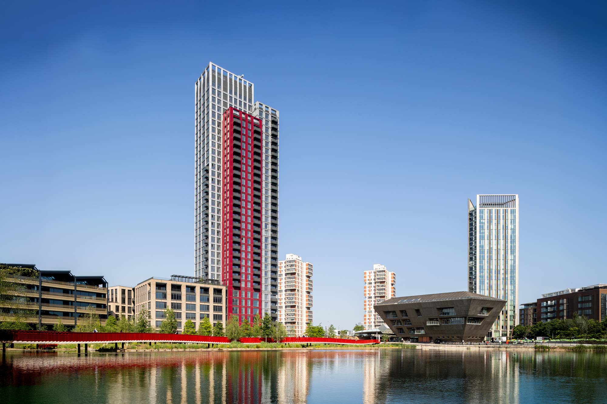 The Founding Tower, pictured with Canada waters 'Red Bridge' and Tyréns AKT's Canada Water Library Project